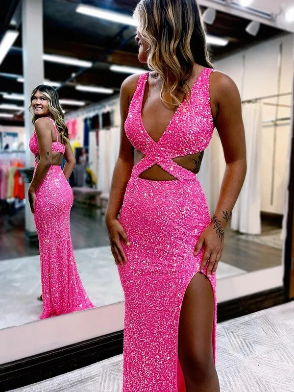 Sheath V-Neck Sleeveless Long Sweep Train Velvet Sequin Prom Dress (AF1009)