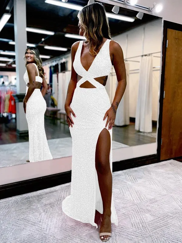 Sheath V-Neck Sleeveless Long Sweep Train Velvet Sequin Prom Dress (AF1009)
