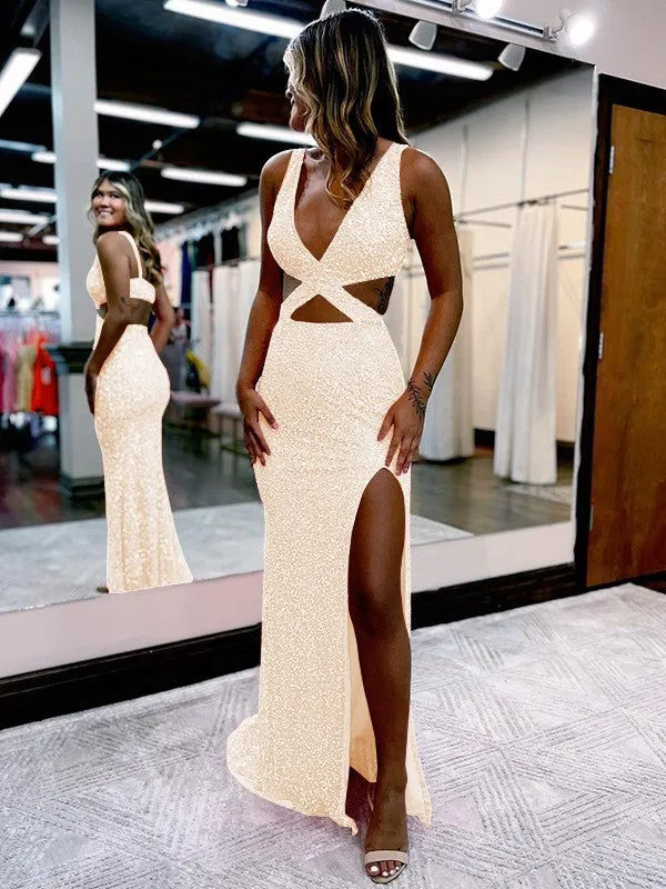 Sheath V-Neck Sleeveless Long Sweep Train Velvet Sequin Prom Dress (AF1009)
