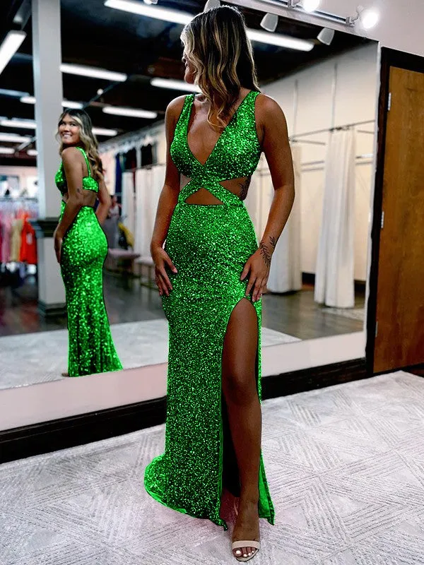 Sheath V-Neck Sleeveless Long Sweep Train Velvet Sequin Prom Dress (AF1009)