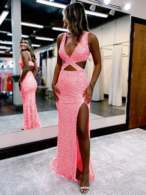 Sheath V-Neck Sleeveless Long Sweep Train Velvet Sequin Prom Dress (AF1009)