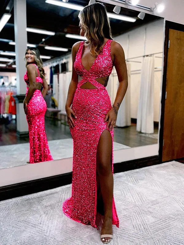 Sheath V-Neck Sleeveless Long Sweep Train Velvet Sequin Prom Dress (AF1009)