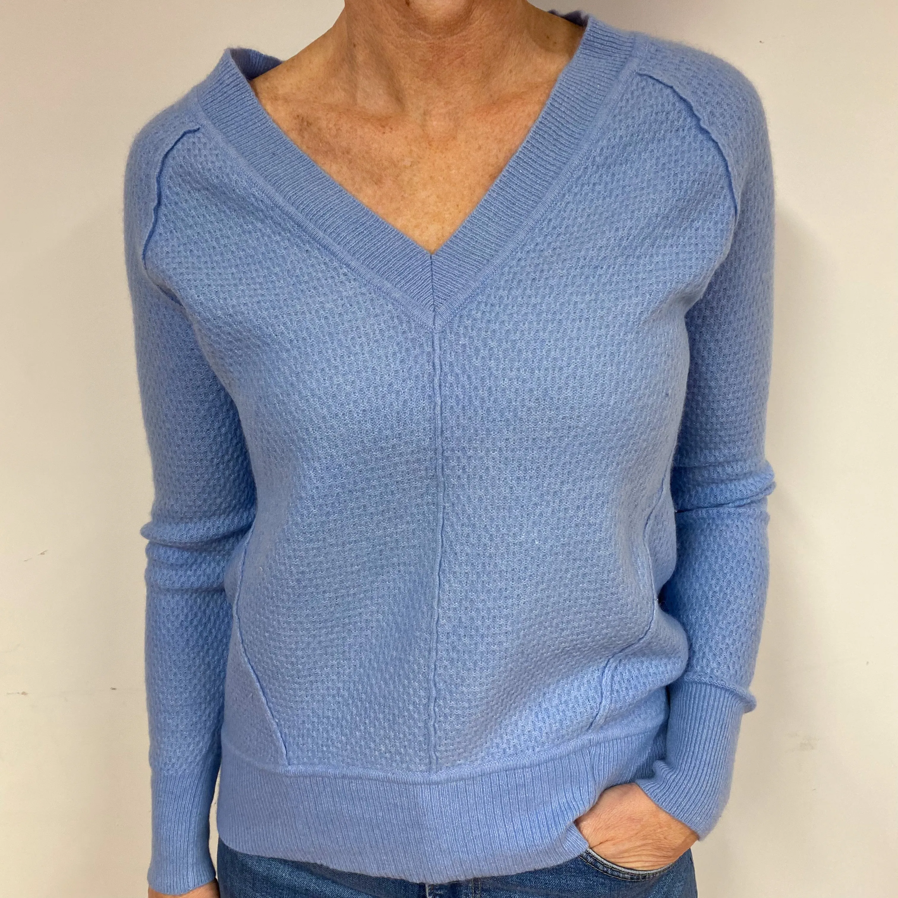 Sky Blue Waffle Cashmere V-Neck Jumper Medium