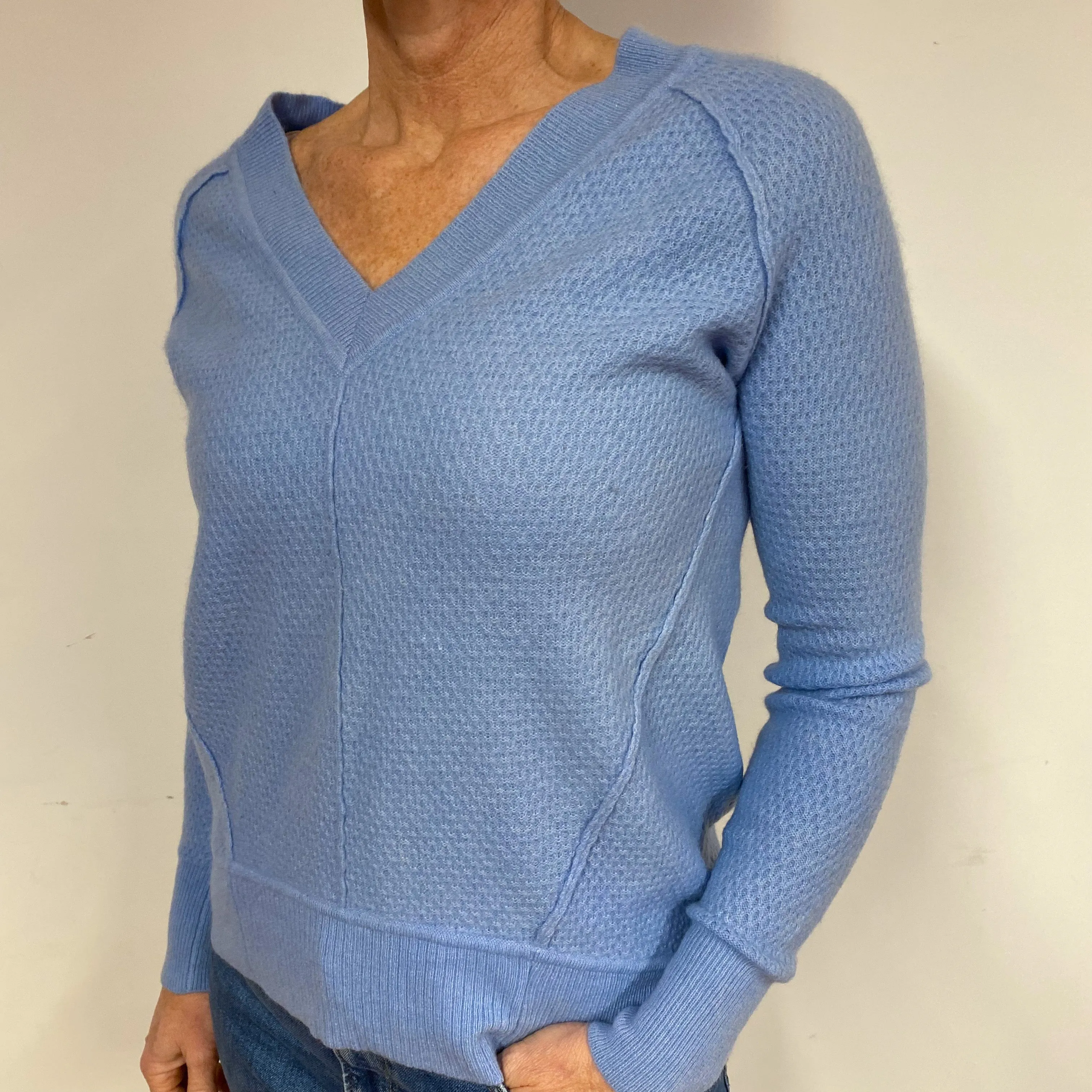 Sky Blue Waffle Cashmere V-Neck Jumper Medium