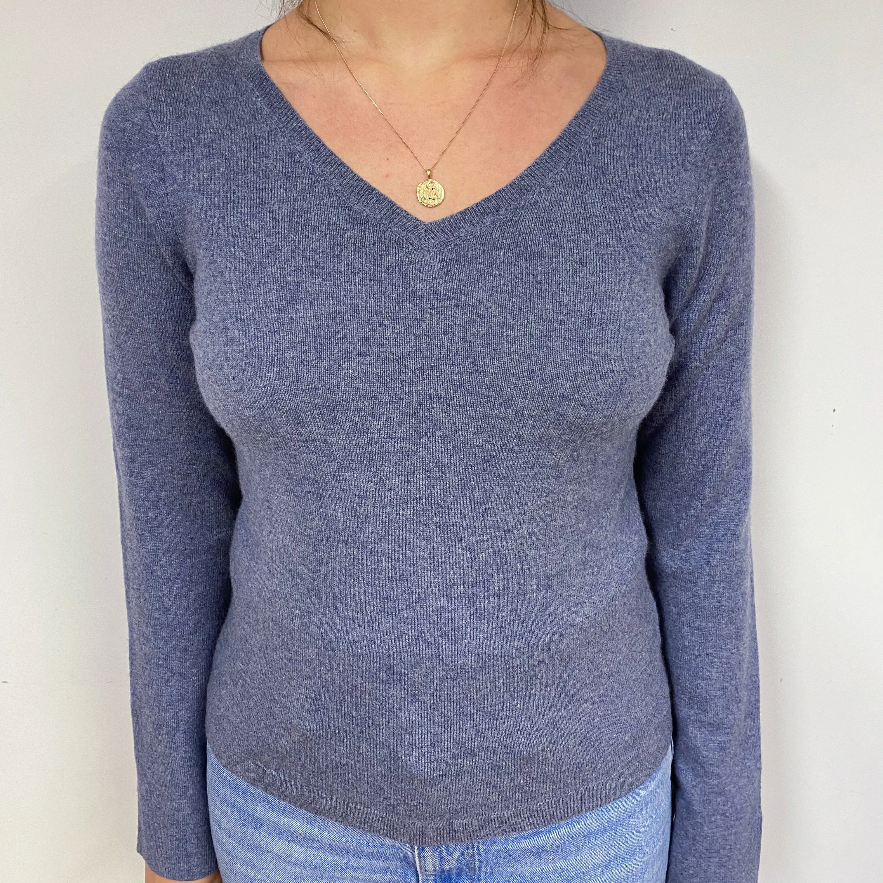 Slate Blue Cashmere V-Neck Jumper Small