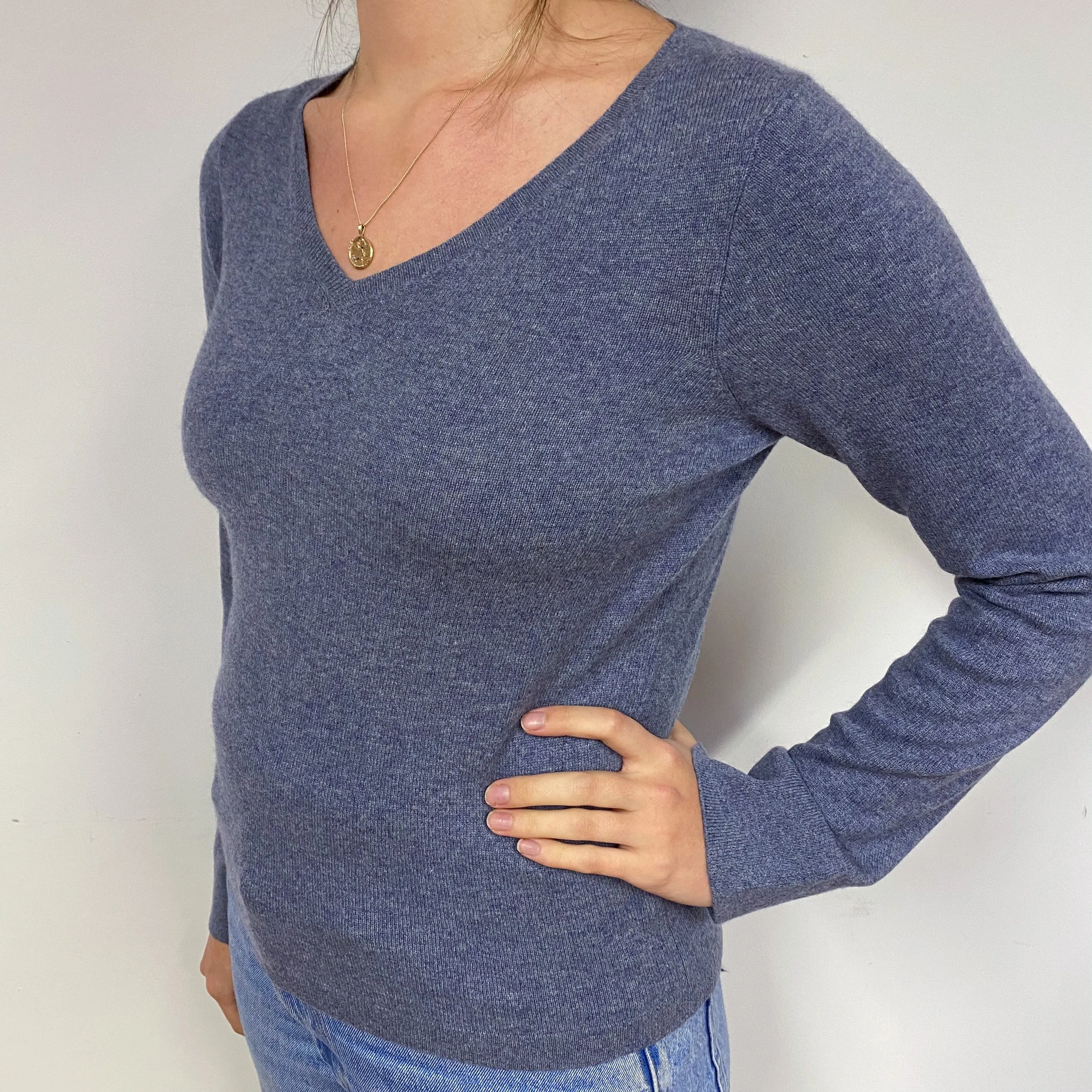 Slate Blue Cashmere V-Neck Jumper Small