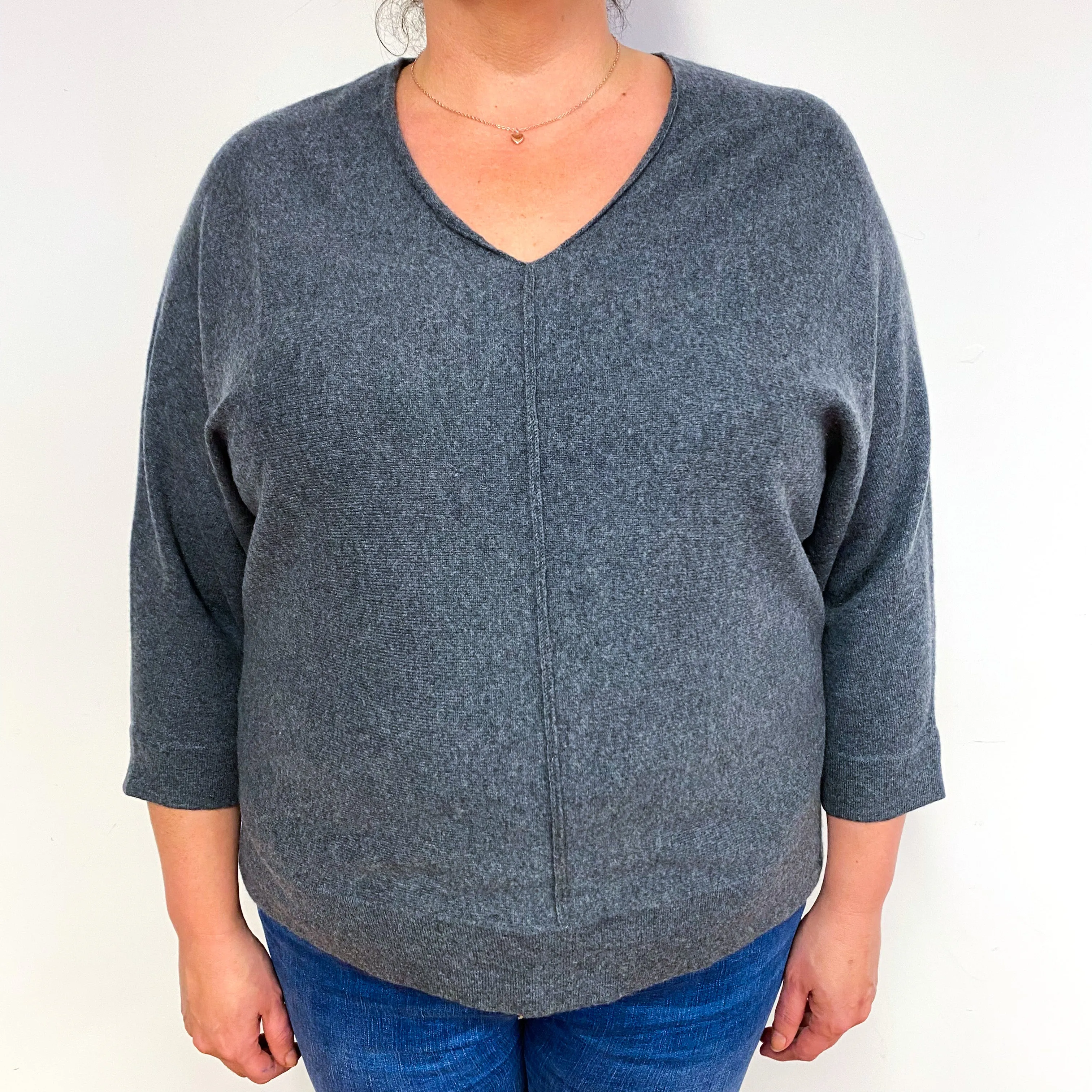 Slate Grey 3/4 Sleeve Cashmere V-Neck Jumper Extra Large