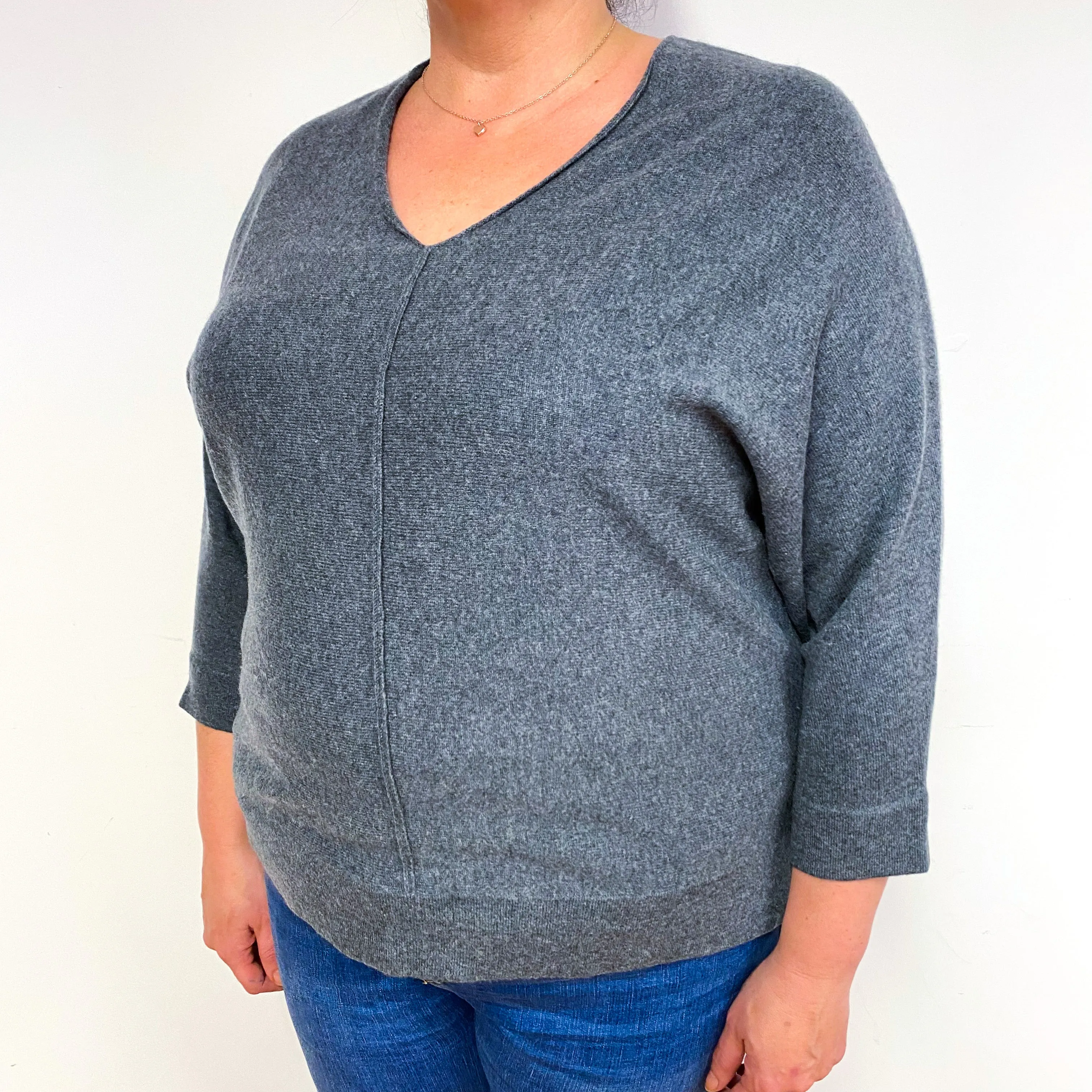 Slate Grey 3/4 Sleeve Cashmere V-Neck Jumper Extra Large