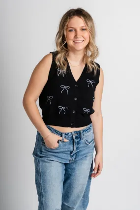 Sleeveless bow crop sweater black