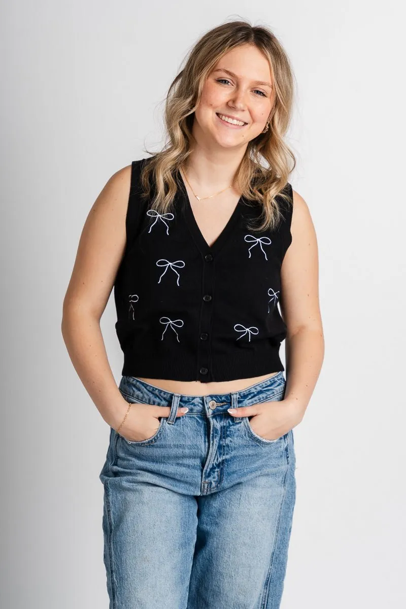 Sleeveless bow crop sweater black