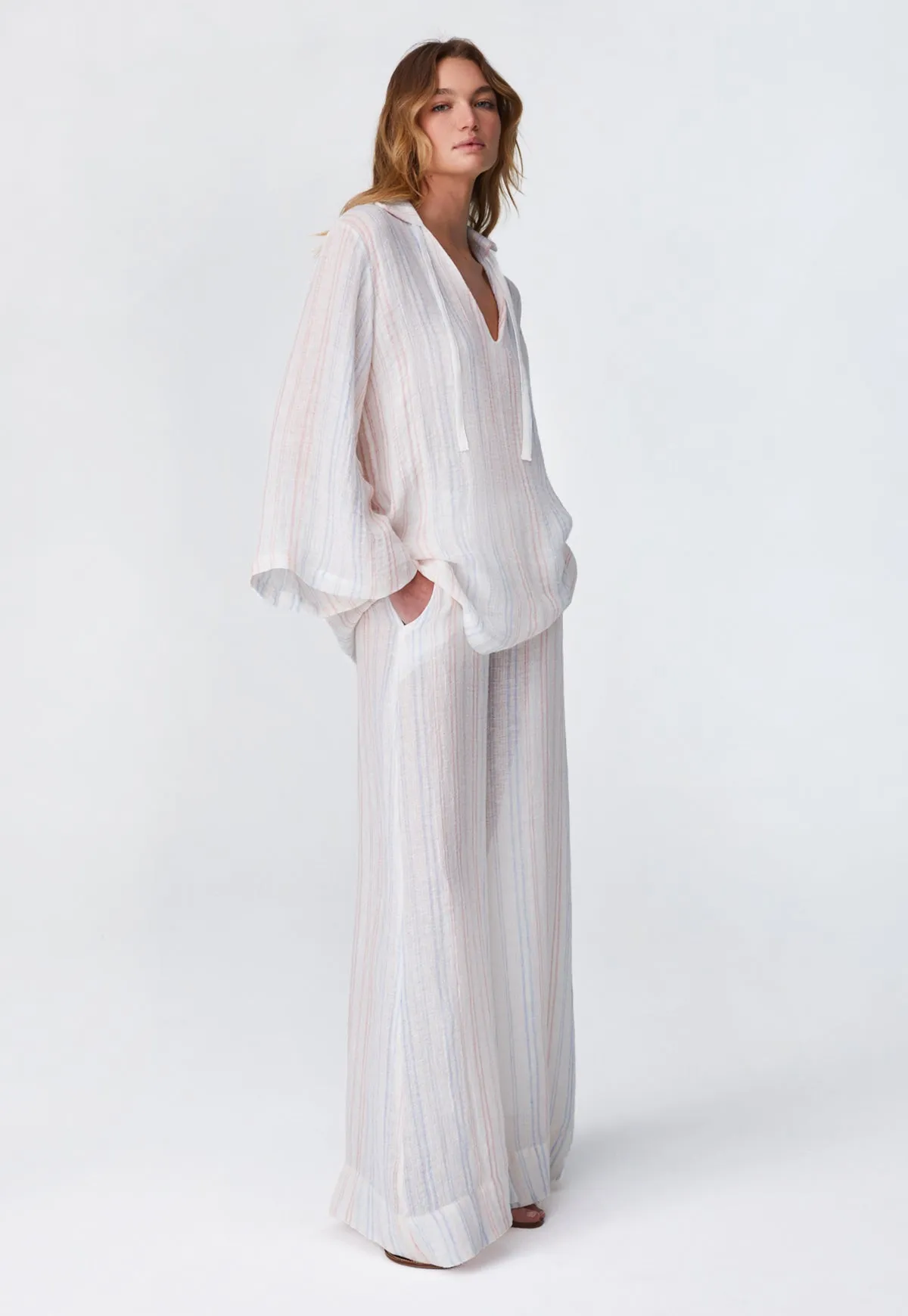 THE TUNIC in WHITE & PINK & BLUE STRIPED GAUZE