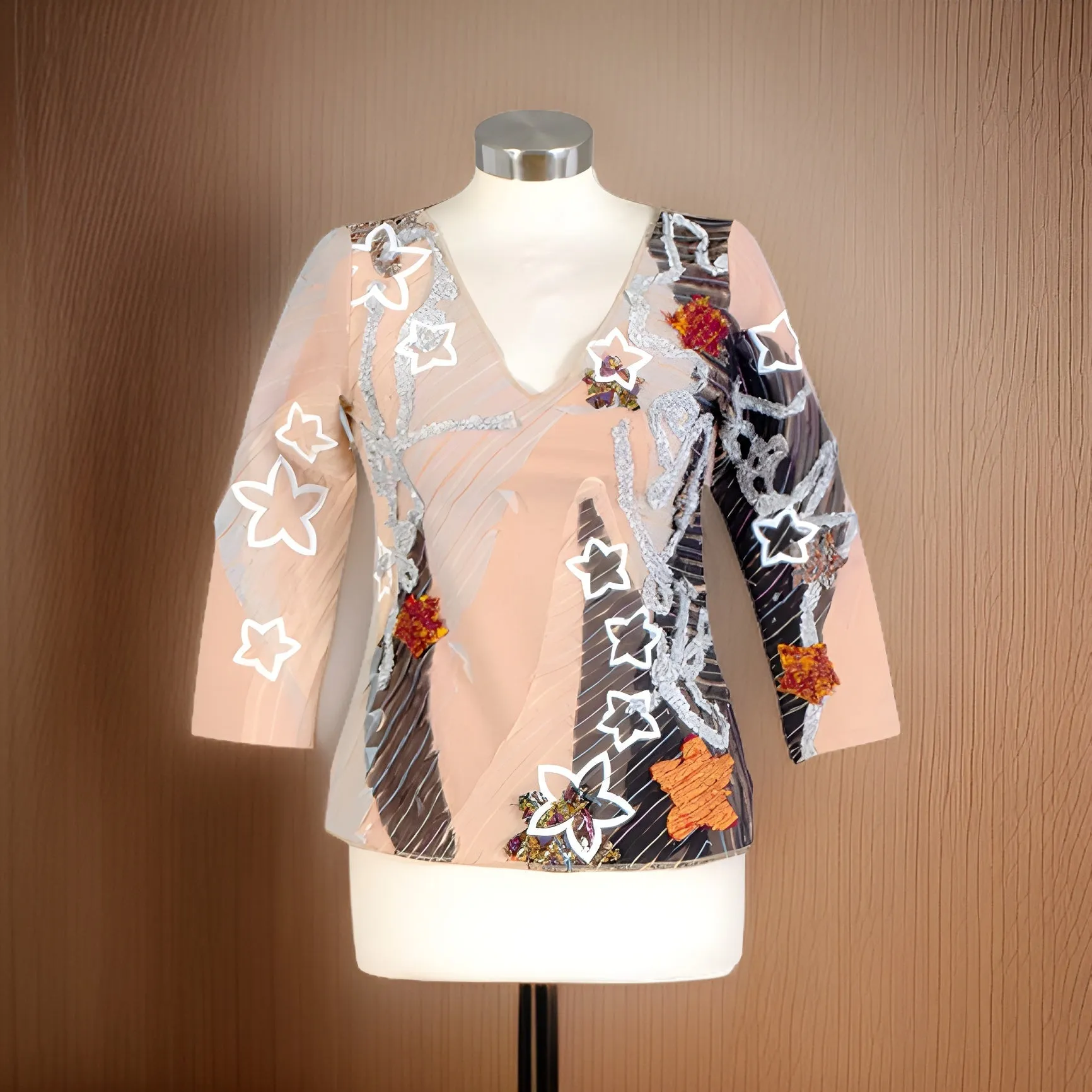 Three-Quarter Sleeve Mixed Media Top (Taupe Medium)