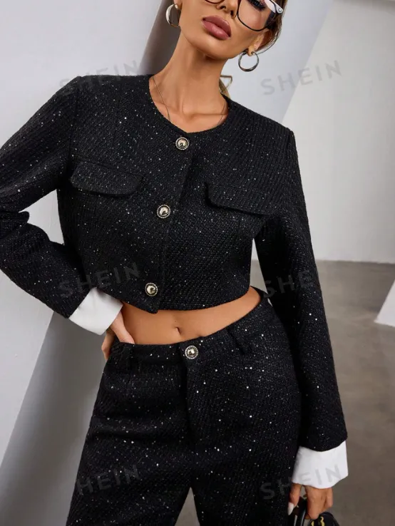 Tweed Sequins Crop Coat & Wide Leg Pant Coord Set