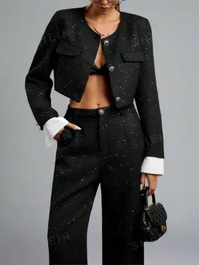 Tweed Sequins Crop Coat & Wide Leg Pant Coord Set