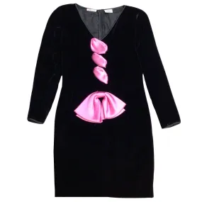 Valentino Boutique Vintage Black / Pink Satin Bow Detail Long Sleeved V-Neck Velvet Dress