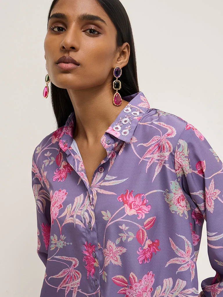 Vark Purple Floral Printed High-Low Tunic and Pants Set