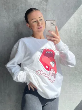 White No Chance Tongue Graphic Sweatshirt Jumper