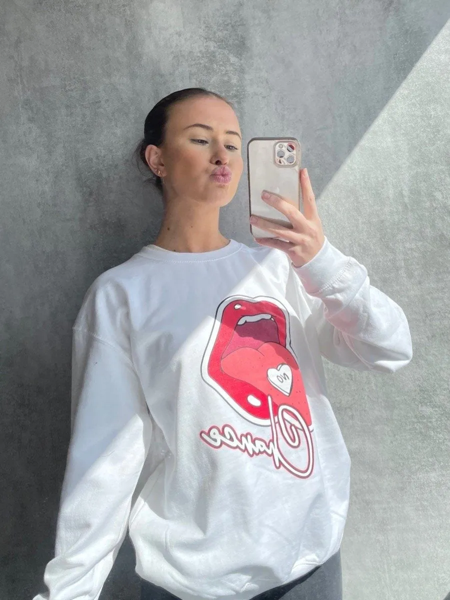 White No Chance Tongue Graphic Sweatshirt Jumper