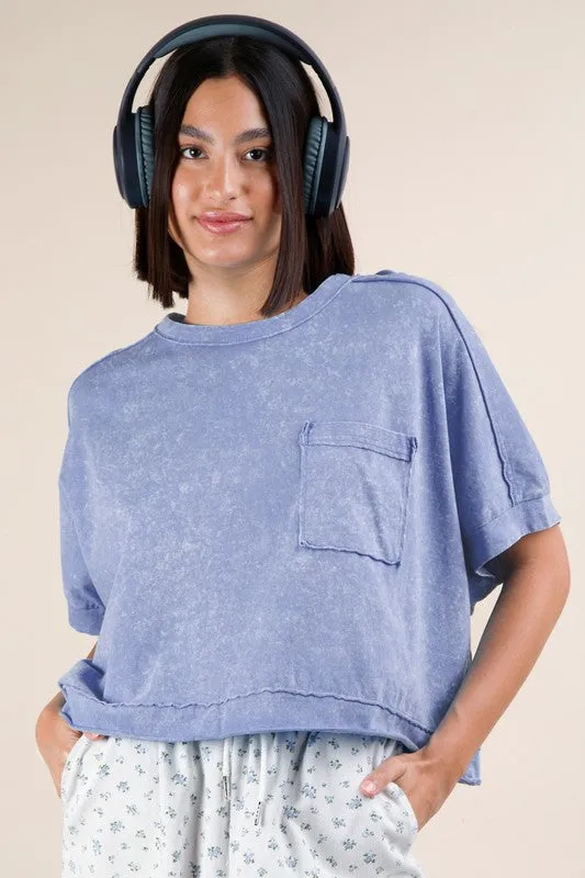 Whitnee- Blue mineral washed comfy crop top tee