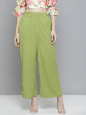 Women Green Smocked Waist Wide Leg Pants