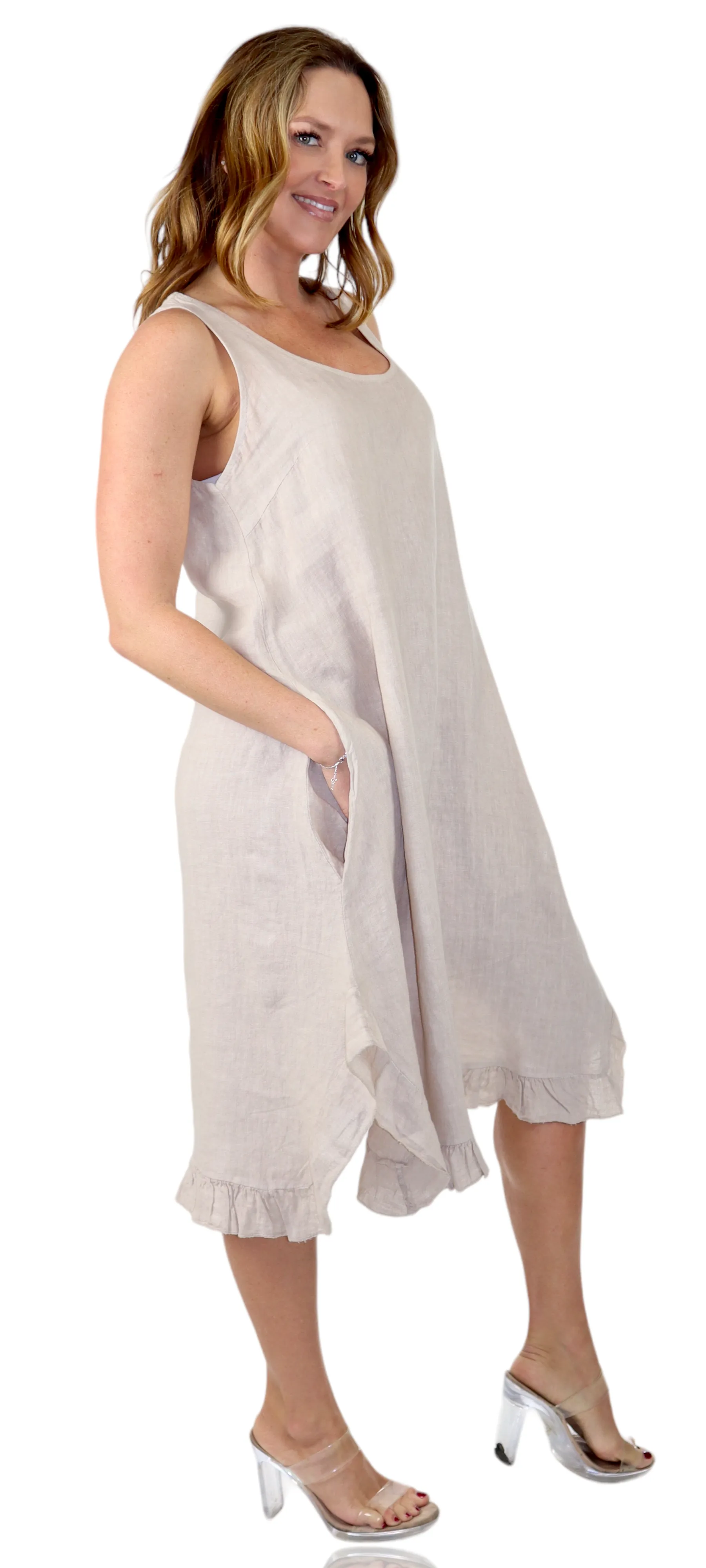Womens 100% Linen Bohemian boho Linen Midi Sun Dress