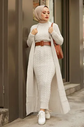 ZRF Women Beige Knit Cardigan Dress Suit - Tlacotepec