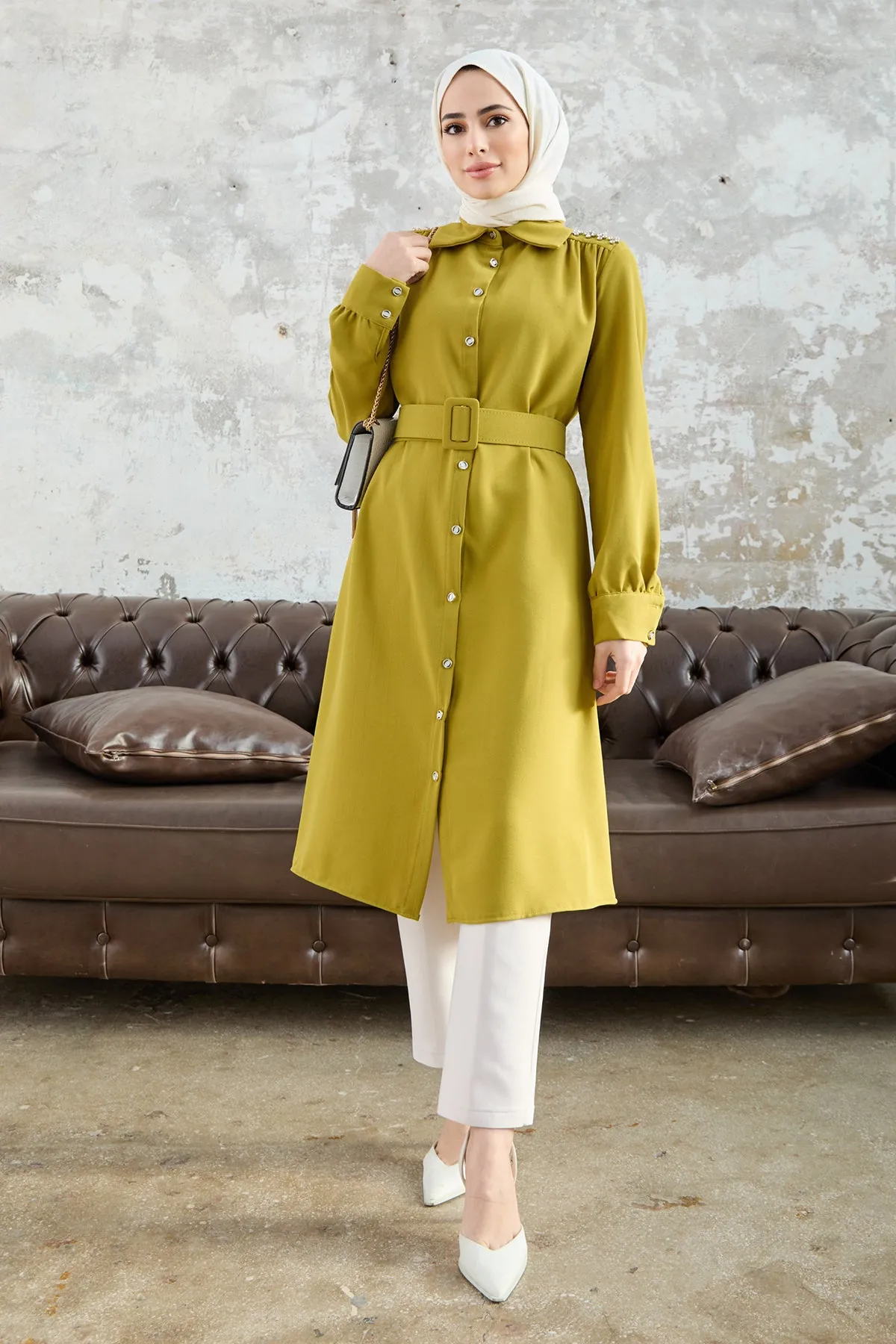 ZRF Women Belted Shoulder Stoned Tunic - Olive Green - Tuttlingen