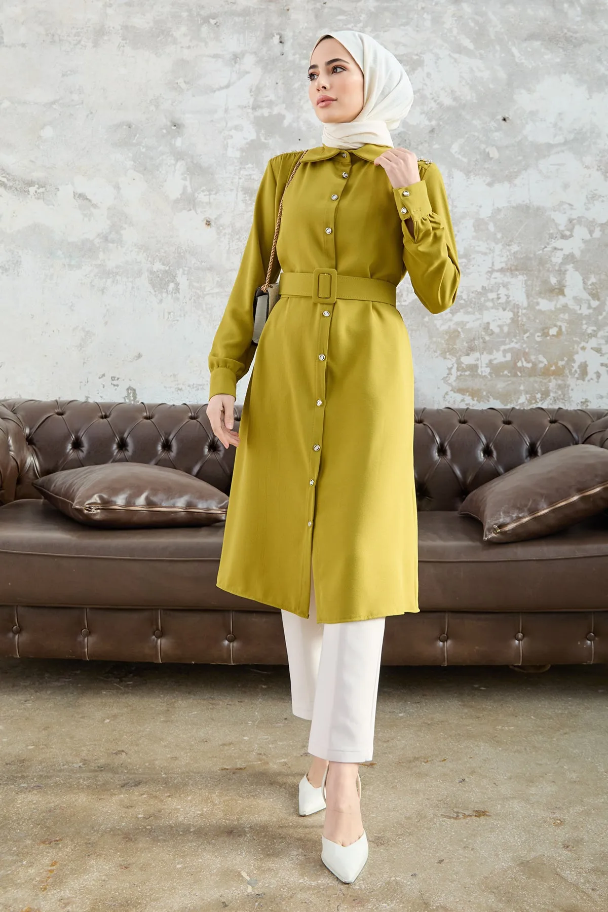 ZRF Women Belted Shoulder Stoned Tunic - Olive Green - Tuttlingen